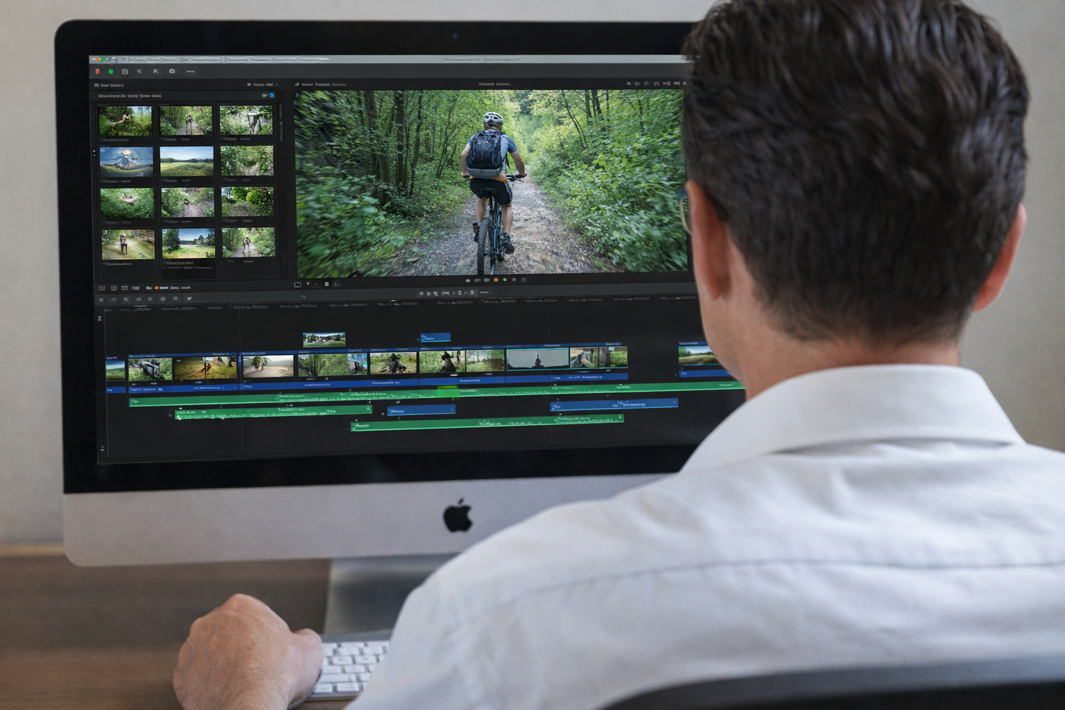 Theo Heuss bei der Postproduktion und beim Videoschnitt am Mac